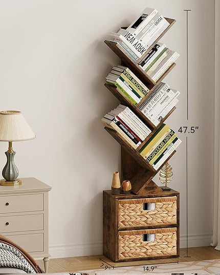 Vagusicc 6 Tier Tree Bookshelf, Modern Floor Standing Bookcase with Storage Drawer, Space Saving Storage Organizer Book Shelves for Books, Tall Wood Storage Rack for Bedroom/Living Room/Home Office - LeafyLoom