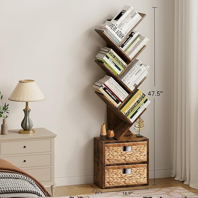 Vagusicc 6 Tier Tree Bookshelf, Modern Floor Standing Bookcase with Storage Drawer, Space Saving Storage Organizer Book Shelves for Books, Tall Wood Storage Rack for Bedroom/Living Room/Home Office - LeafyLoom