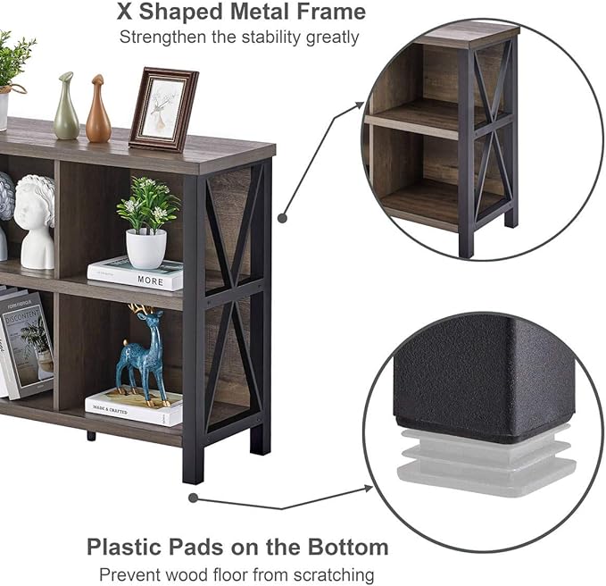 FATORRI 8 Cube Storage Organizer Bookshelf, Rustic Wood Cubby Bookcase, Industrial Horizontal Long Shelf for Living Room (Walnut Brown, 62 Inch) - LeafyLoom