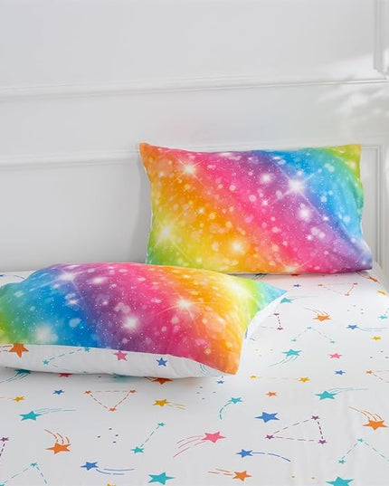 A Nice Night 6Pcs Gradient Glitter Bedding Set for Girls, Colorful Rainbow Galaxy Comforter Set, Ultra Soft Bedding Sets (Multi,Queen 6Pcs) - LeafyLoom