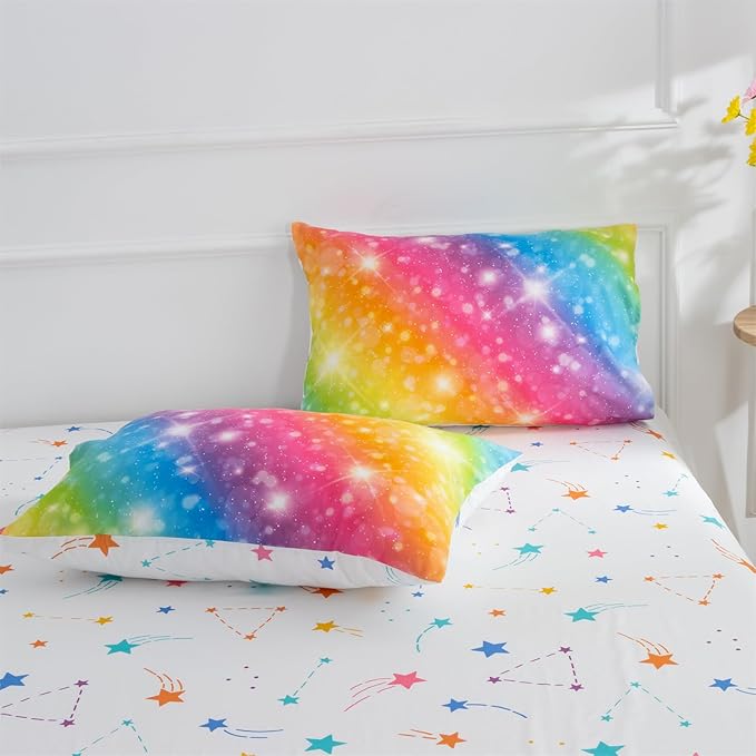 A Nice Night 6Pcs Gradient Glitter Bedding Set for Girls, Colorful Rainbow Galaxy Comforter Set, Ultra Soft Bedding Sets (Multi,Twin 6Pcs) - LeafyLoom