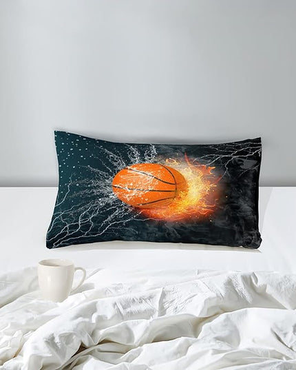 Basketball Comforter Set Twin, Sports Basketball Bedding for Boys Kids Teens Bedroom Orange Basketball Ice Fire Twin Size Comforter Set for Boys 2 Pieces(1 Comforter 1 Pillowcase) - LeafyLoom