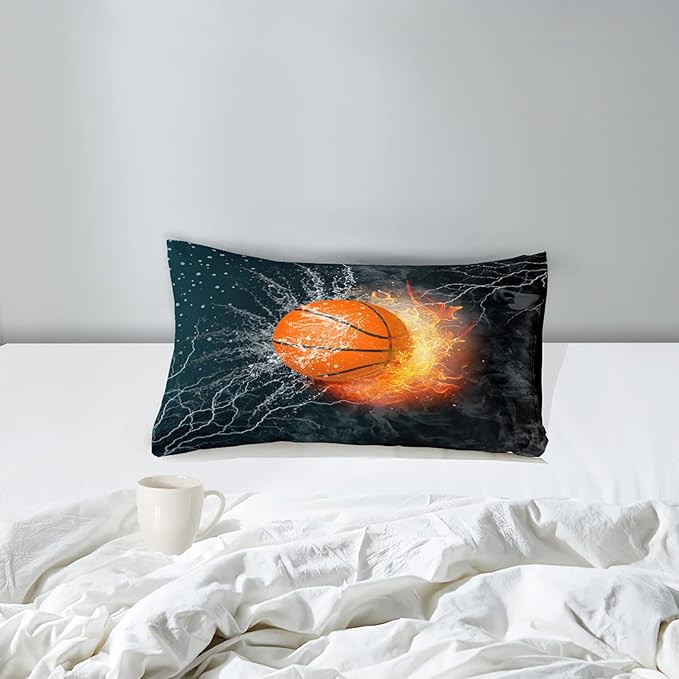 Basketball Comforter Set Twin, Sports Basketball Bedding for Boys Kids Teens Bedroom Orange Basketball Ice Fire Twin Size Comforter Set for Boys 2 Pieces(1 Comforter 1 Pillowcase) - LeafyLoom
