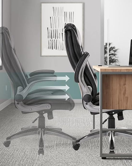 COLAMY Leather Executive Office Chair- High Back Home Computer Desk Chair with Padded Flip-up Arms, Adjustable Tilt Lock, Swivel Rolling Ergonomic Chair for Adult Working Study, Black - LeafyLoom