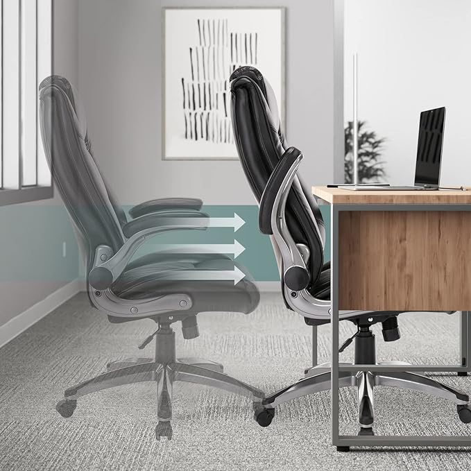 COLAMY Leather Executive Office Chair- High Back Home Computer Desk Chair with Padded Flip-up Arms, Adjustable Tilt Lock, Swivel Rolling Ergonomic Chair for Adult Working Study, Black - LeafyLoom