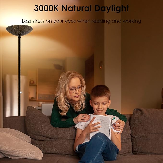 BoostArea Torchiere Floor Lamp Antique Bronze, 24W Super Bright LED Standing Lamp, 3000K Dimmable Pole Lamp with Rotary Switch, 70 Inch Tall Metal Modern Floor Lamps for Living Room/Bedroom/Office/Den - LeafyLoom