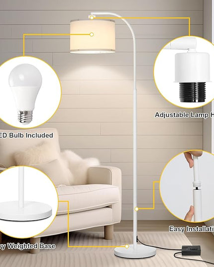 Floor lamps for Living Room, White Arc Floor Lamp with Stepless Dimmer, Modern Standing Lamp with Adjustable Drum Shade, Tall Pole Lamp for Bedroom Study Room Office, 9W 3000K LED Bulb Included - LeafyLoom