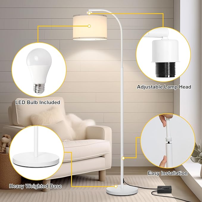 Floor lamps for Living Room, White Arc Floor Lamp with Stepless Dimmer, Modern Standing Lamp with Adjustable Drum Shade, Tall Pole Lamp for Bedroom Study Room Office, 9W 3000K LED Bulb Included - LeafyLoom