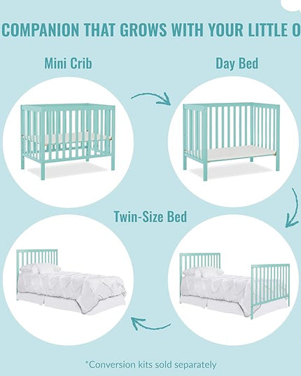 Edgewood 4-In-1 Convertible Mini Crib In Mint, JPMA Certified, Non-Toxic Finish, New Zealand Pinewood, With 3 Mattress Height Settings, Included 1" Mattress Pad - LeafyLoom