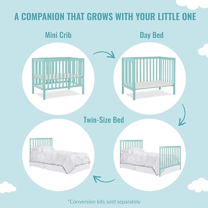 Edgewood 4-In-1 Convertible Mini Crib In Mint, JPMA Certified, Non-Toxic Finish, New Zealand Pinewood, With 3 Mattress Height Settings, Included 1" Mattress Pad - LeafyLoom