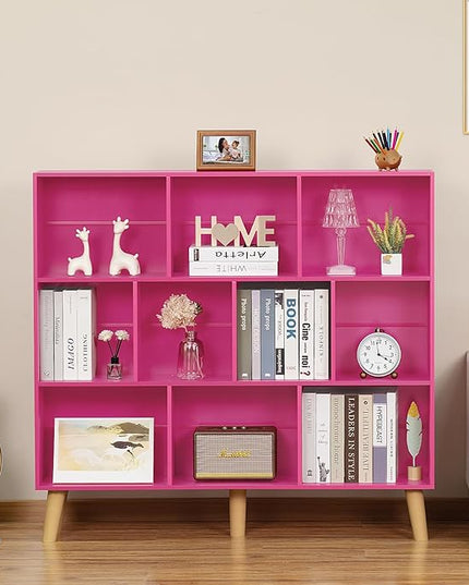 LEYAOYAO 10 Cube Bookshelf,3 Tier Modern Wide Bookcase with Legs,Mid-Century Wood Bookshelves Storage，Pink Large Book Case,Freestanding Organizer Display Shelf for Bedroom,Living Room,Office - LeafyLoom