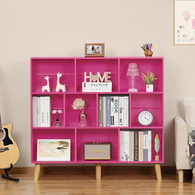 LEYAOYAO 10 Cube Bookshelf,3 Tier Modern Wide Bookcase with Legs,Mid-Century Wood Bookshelves Storage，Pink Large Book Case,Freestanding Organizer Display Shelf for Bedroom,Living Room,Office - LeafyLoom