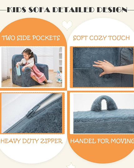 Snuggly-Soft Cuddly Toddler Plush Armchair for Boys and Girls Fuzzy Plush Kids Sofa Couch Reading Chair with Children Friendly Handle for Easy Movement & Double Pockets for Storage, Dark Grey - LeafyLoom