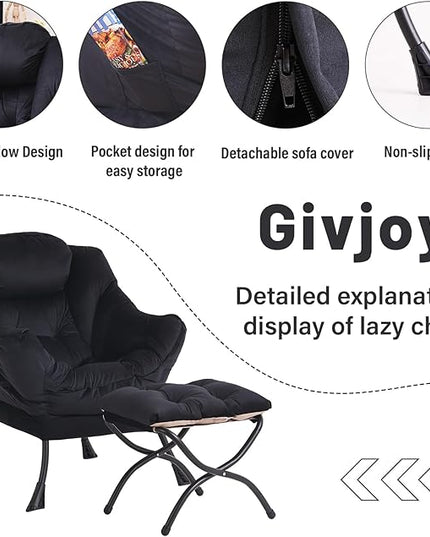 Lazy Chair and Ottoman, Large Accent Lounge Chair with Armrests and a Side Pocket, Modern Leisure Upholstered Sofa Reading Armchair with Footrest for Bedroom, Living Room, Dorm Rooms, Office - LeafyLoom