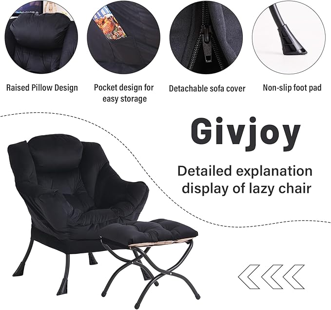Lazy Chair and Ottoman, Large Accent Lounge Chair with Armrests and a Side Pocket, Modern Leisure Upholstered Sofa Reading Armchair with Footrest for Bedroom, Living Room, Dorm Rooms, Office - LeafyLoom