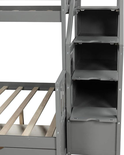Multifunction Twin Over Full Bunk Bed with Storage Staircase/Two Drawers/Slide/High Guardrail, Solid Wood Bunkbed Furniture for Kids/Teens Bedroom, No Box Spring Needed, Gray - LeafyLoom