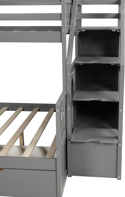 Multifunction Twin Over Full Bunk Bed with Storage Staircase/Two Drawers/Slide/High Guardrail, Solid Wood Bunkbed Furniture for Kids/Teens Bedroom, No Box Spring Needed, Gray - LeafyLoom