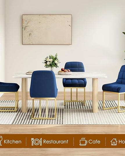 STARY Upholstered Velvet Armless Dining Room Chairs with Gold Metal Legs for Kitchen Restaurant, Blue- Set of 4 - LeafyLoom