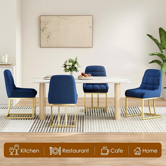 STARY Upholstered Velvet Armless Dining Room Chairs with Gold Metal Legs for Kitchen Restaurant, Blue- Set of 4 - LeafyLoom