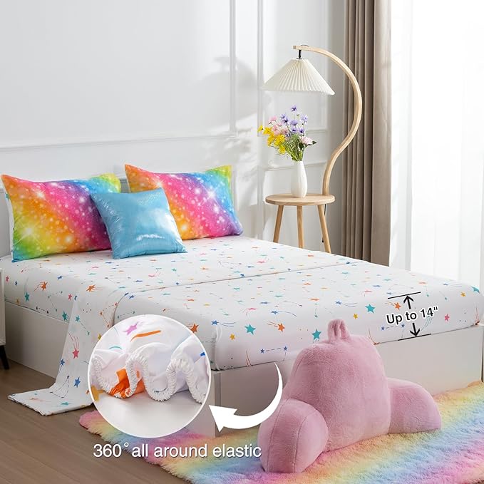 A Nice Night 6Pcs Gradient Glitter Bedding Set for Girls, Colorful Rainbow Galaxy Comforter Set, Ultra Soft Bedding Sets (Multi,Twin 6Pcs) - LeafyLoom