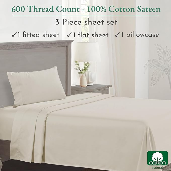 California Design Den Luxury Twin Sheet Set - 100% Cotton, 600 Thread Count Deep Pocket Twin Sheets, Soft Hotel-Quality Bedding with Sateen Weave - Ivory - LeafyLoom