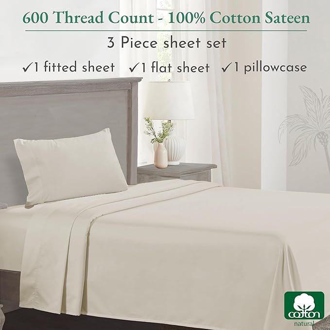 California Design Den Luxury Twin XL Sheet Set - 100% Cotton, 600 Thread Count Deep Pocket XL Twin Sheets, Soft Hotel-Quality Bedding with Sateen Weave - Ivory - LeafyLoom