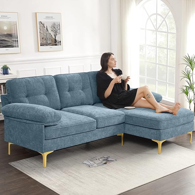 EASELAND 82" L-Shape Sofa with Reversible Chaise Lounge, Convertible Sectional Sofa Couch, Chenille Modern Sofa Couch for Living Room, Apartment and Office, Removable Cover - LeafyLoom