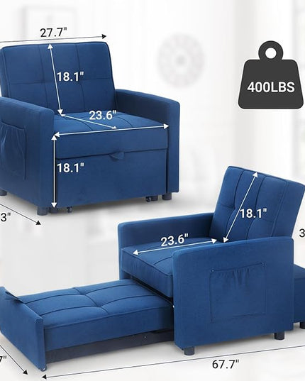 4-in-1 Convertible Sleeper Sofa, Single Pull Out Couch Chair with 6-Level Adjust Backrest Loveseat with Storage and Pillows, Modern Recliner for Living Room Apartment Office, Blue - LeafyLoom