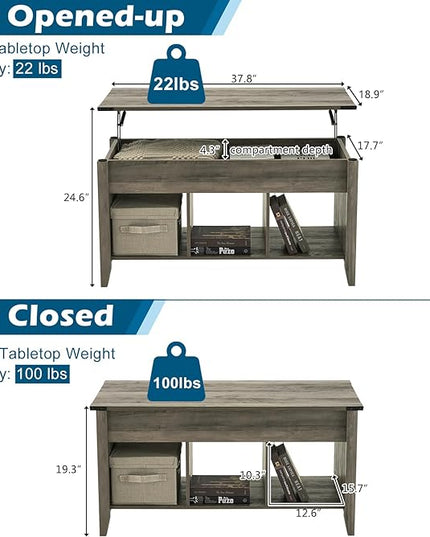 VINGLI Farmhouse Lift Top Coffee Table, Rustic Grey Coffee Table with Lift Top, Lift Up Pop Up Coffee Table with Storage Shelf/Hidden Compartment, Gas Lift Coffee Table Mesa De Centro Para Sala - LeafyLoom