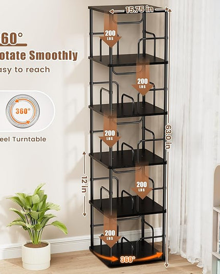 5 Tier Square Rotating Bookshelf, 360 ° Display Stackable Spinning Bookshelf Tower, Space Saving Tall Floor Standing Swivel Bookcase Corner Storage Organizer for Bedroom, Living Room, Black - LeafyLoom