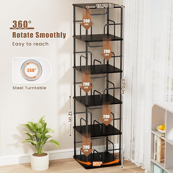5 Tier Square Rotating Bookshelf, 360 ° Display Stackable Spinning Bookshelf Tower, Space Saving Tall Floor Standing Swivel Bookcase Corner Storage Organizer for Bedroom, Living Room, Black - LeafyLoom