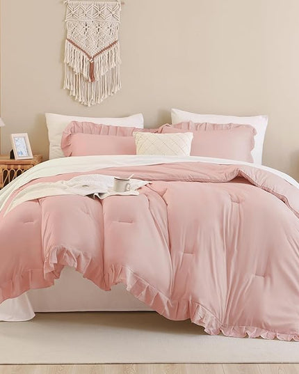 Andency Blush Pink Ruffle Comforter Queen, 3 Pieces Rustic Farmhouse Shabby Chic Comforter, All Season Soft Microfiber Down Alternative Bedding Comforter Set - LeafyLoom