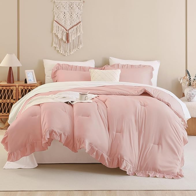 Andency Blush Pink Ruffle Comforter Queen, 3 Pieces Rustic Farmhouse Shabby Chic Comforter, All Season Soft Microfiber Down Alternative Bedding Comforter Set - LeafyLoom
