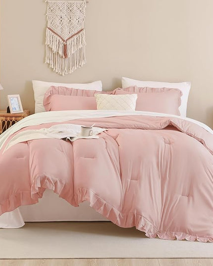 Andency Blush Pink Ruffle Comforter Full, 3 Pieces Rustic Farmhouse Shabby Chic Comforter Set, Vintage Lightweight Soft Microfiber Down Alternative Bedding Comforter Set - LeafyLoom