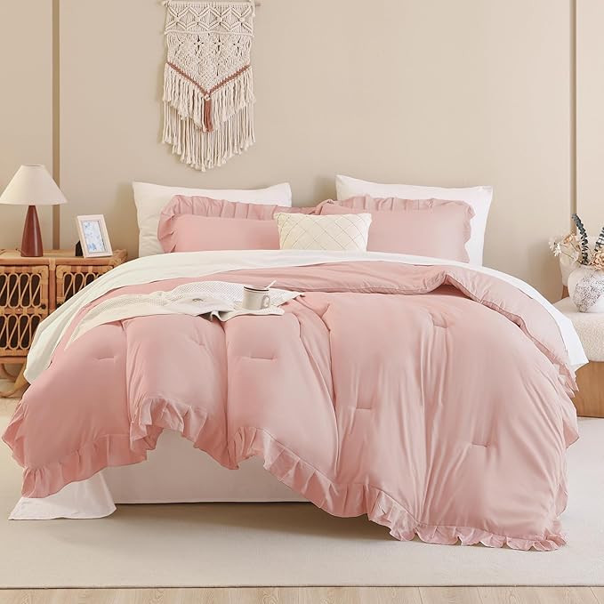 Andency Blush Pink Ruffle Comforter Full, 3 Pieces Rustic Farmhouse Shabby Chic Comforter Set, Vintage Lightweight Soft Microfiber Down Alternative Bedding Comforter Set - LeafyLoom