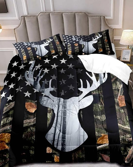LUVIVIHOME 3PCS Deer Hunting Comforter Set King Size, Camo Bed Set Patriotic Black American Flag Bedding, Forest Animal Wildlife Country Lodge Rustic Farmhouse Cabin Camouflage Quilt, 2 Pillow Shams - LeafyLoom
