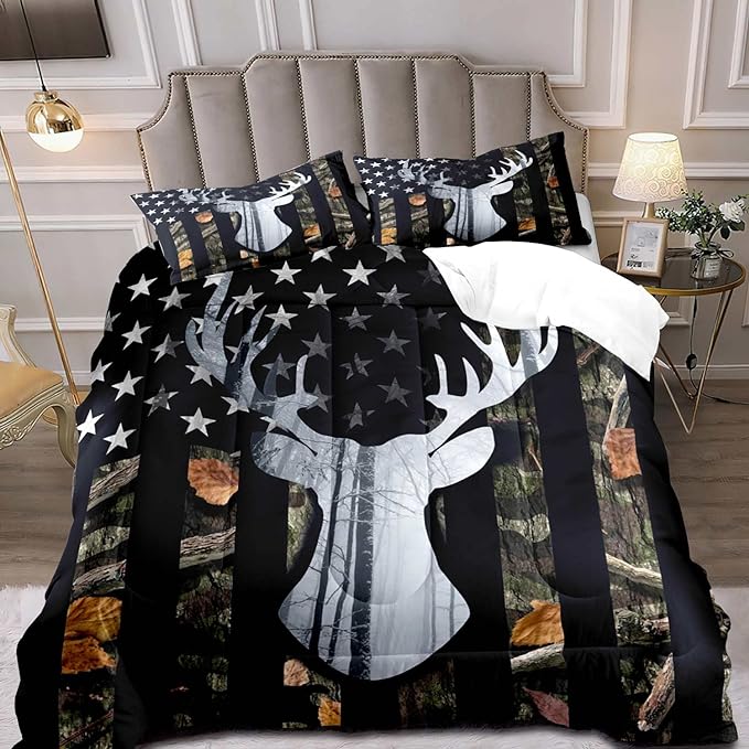 LUVIVIHOME 3PCS Deer Hunting Comforter Set King Size, Camo Bed Set Patriotic Black American Flag Bedding, Forest Animal Wildlife Country Lodge Rustic Farmhouse Cabin Camouflage Quilt, 2 Pillow Shams - LeafyLoom