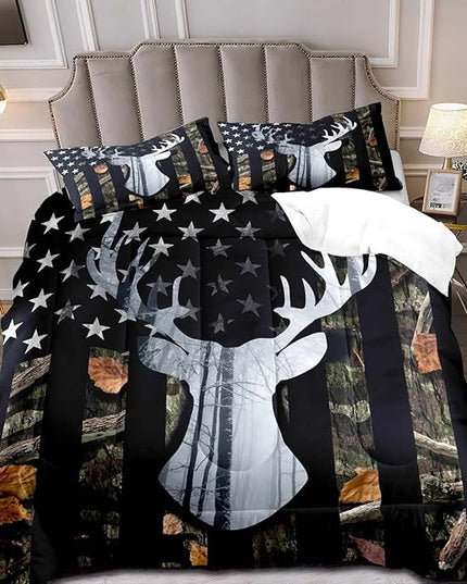 LUVIVIHOME 3PCS Deer Hunting Comforter Set Queen Size, Camo Bed Set Patriotic Black American Flag Bedding, Forest Animal Wildlife Country Lodge Rustic Farmhouse Cabin Camouflage Quilt, 2 Pillow Shams - LeafyLoom