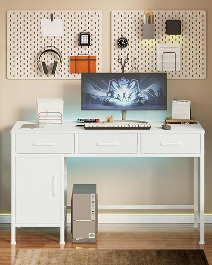 White Desk with Storage Cabinet and 3 Fabric Drawers, 47 Inch Home Office Desk for Writing Study Gaming, Computer Table with Storage Space, Modern Vanity Desk for Bedroom - LeafyLoom