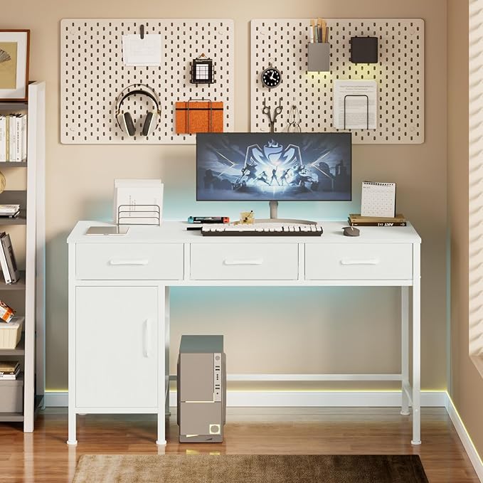 White Desk with Storage Cabinet and 3 Fabric Drawers, 47 Inch Home Office Desk for Writing Study Gaming, Computer Table with Storage Space, Modern Vanity Desk for Bedroom - LeafyLoom