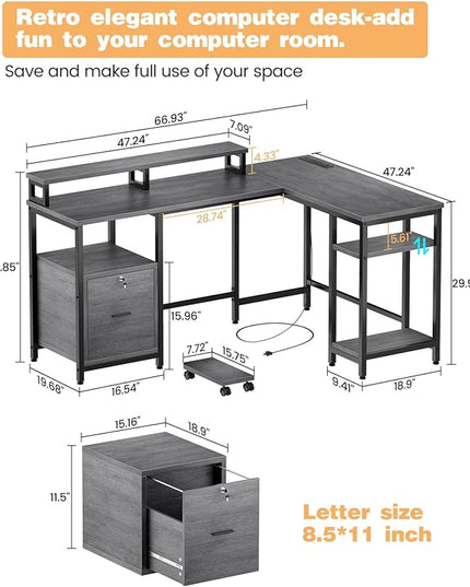 67" L Shaped Computer Desk with Drawers, Reversible Home Office Desk with Power Outlet, Adjustable Shelf and Mobile CPU Stand, Work Desk for 3 Installation Types, Corner Office Desk, Rustic Gray - LeafyLoom
