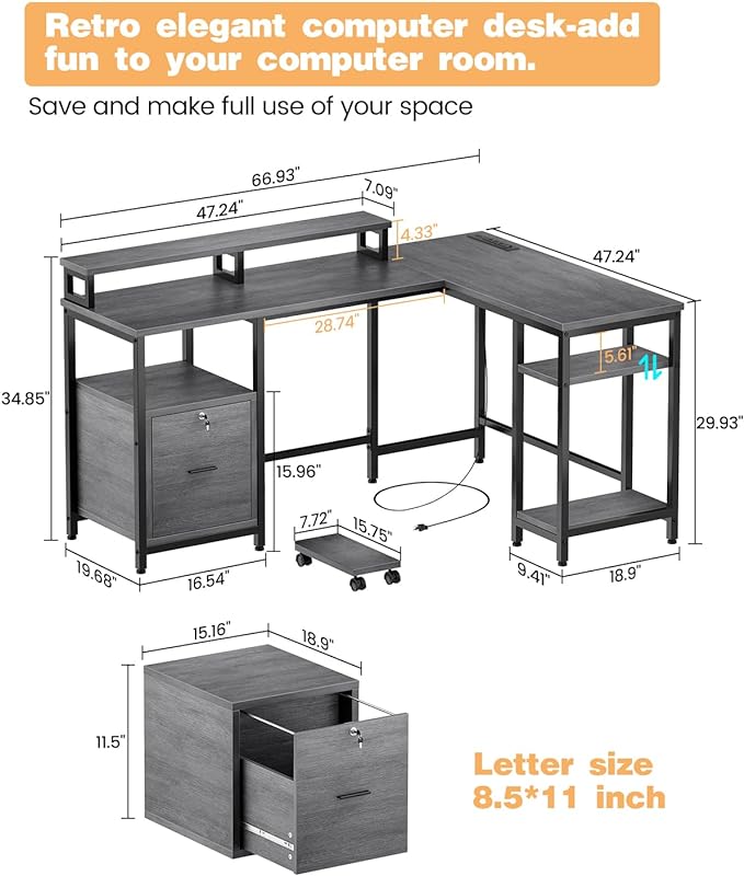 67" L Shaped Computer Desk with Drawers, Reversible Home Office Desk with Power Outlet, Adjustable Shelf and Mobile CPU Stand, Work Desk for 3 Installation Types, Corner Office Desk, Rustic Gray - LeafyLoom