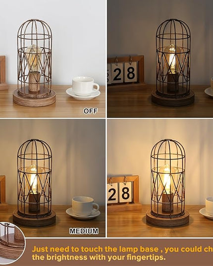 Touch Control Table Lamp Small Lamp for Small Spaces 3 Way Dimmable Nightstand Lamp Farmhouse Bedside Lamp for Bedroom Living Room, Simple Desk Lamp with Brushed Rustic Wood Cage Shade, Bulb Included - LeafyLoom