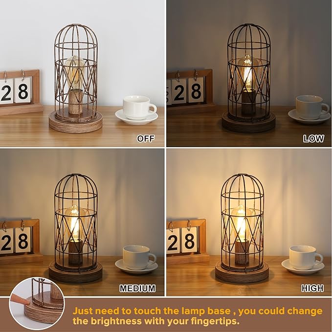 Touch Control Table Lamp Small Lamp for Small Spaces 3 Way Dimmable Nightstand Lamp Farmhouse Bedside Lamp for Bedroom Living Room, Simple Desk Lamp with Brushed Rustic Wood Cage Shade, Bulb Included - LeafyLoom