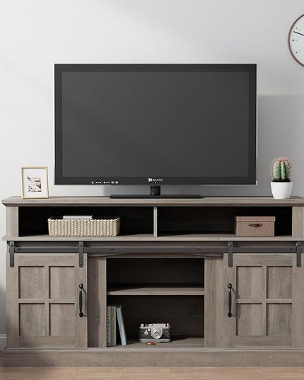 TV Stand with 2 Sliding Barn Doors, 58 Inch TV Stand with Storage Cabinet and Shelves, Television Stands with Storage for Living Room, Bedroom, Brown - LeafyLoom