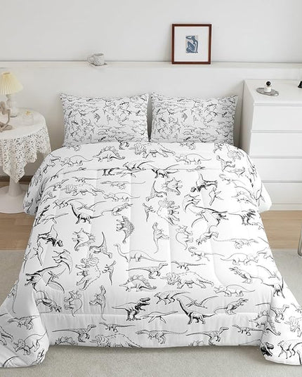 Feelyou Dinosaur Bedding Set Twin Size 3D Digital Print Comforter Set for Kids Boys Girls Decor Jungle Dino Comforter Wild Animal Black and White Duvet Set Bedroom Quilt Set - LeafyLoom