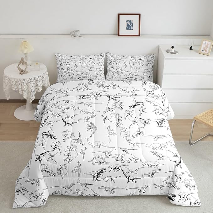 Feelyou Dinosaur Bedding Set Queen Size 3D Digital Print Comforter Set for Kids Boys Girls Decor Jungle Dino Comforter Wild Animal Black and White Duvet Set Bedroom Quilt Set - LeafyLoom