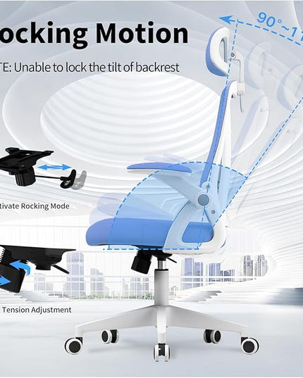 Ergonomic Office Chair, Mid Back Desk Chair with Adjustable Height, Swivel Chair with Flip-Up Arms and Lumbar Support, Breathable Mesh Computer Chair with Headrest (White and Blue) - LeafyLoom