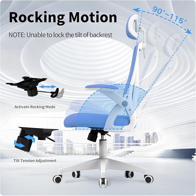 Ergonomic Office Chair, Mid Back Desk Chair with Adjustable Height, Swivel Chair with Flip-Up Arms and Lumbar Support, Breathable Mesh Computer Chair with Headrest (White and Blue) - LeafyLoom