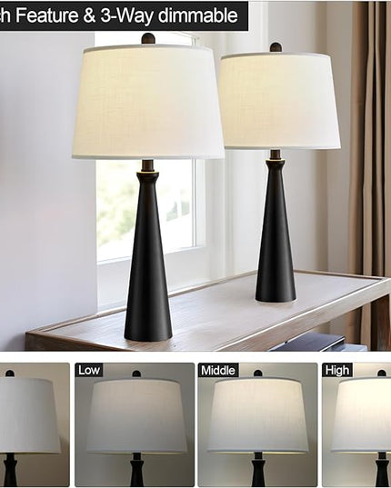 Oneach 25.75" Table Lamps Set of 2 for Living Room Bedroom, Bedside Lamp 3-Way Dimmable Touch Control, Modern Black Nightstand Light Fabric Shade Vintage Accent Style - LeafyLoom